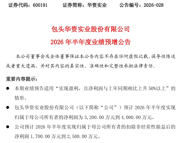 华资实业业绩公告