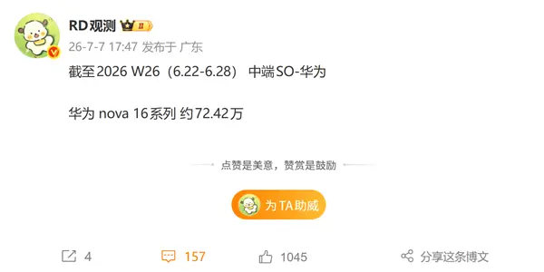 华为nova 16系列销量数据